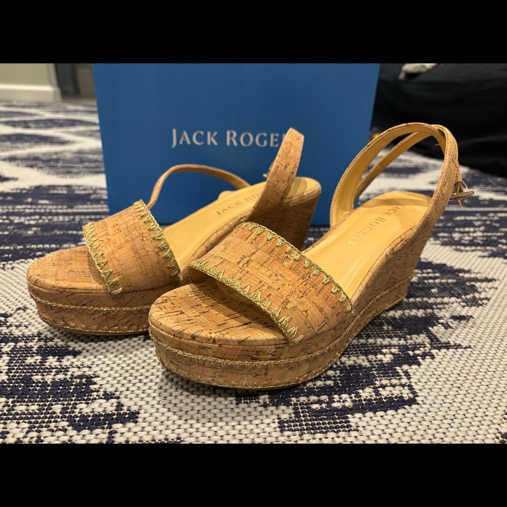 Jack Rogers Flagler Stitch Wedge Sandals | Cork/Gold | Size 9M